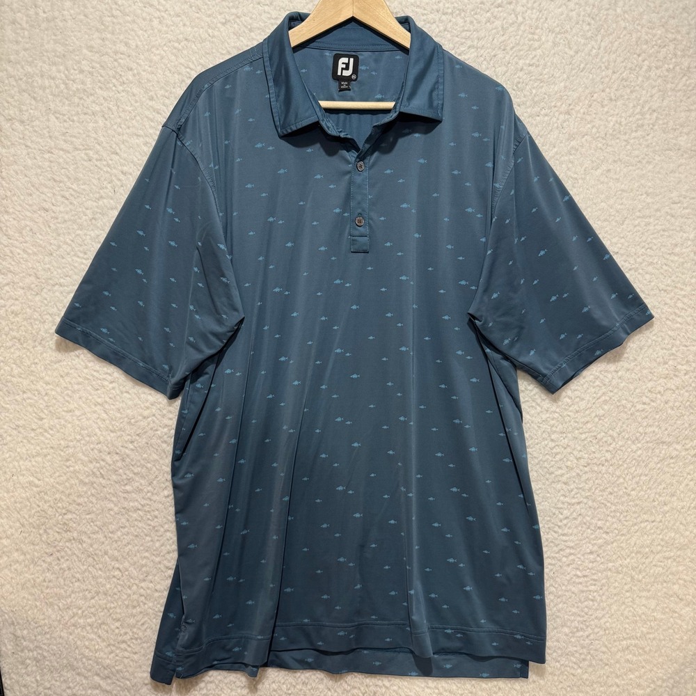 FJ FootJoy Mens 2XL Golf Polo Shirt Blue Fish Print Short Sleeve Collared